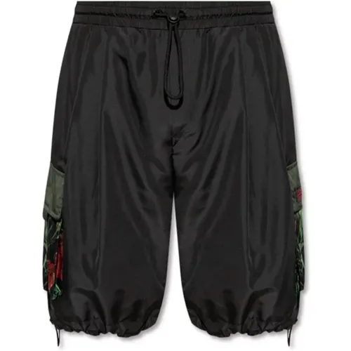 Flower Print Cargo Shorts with Red Logo , male, Sizes: L, XL - Dolce & Gabbana - Modalova