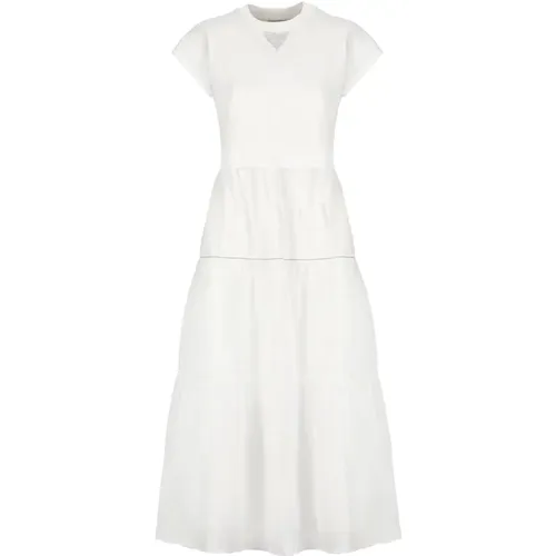 Weiße Baumwoll Midi Kleid mit Lurex Details , Damen, Größe: 2XS - PESERICO - Modalova