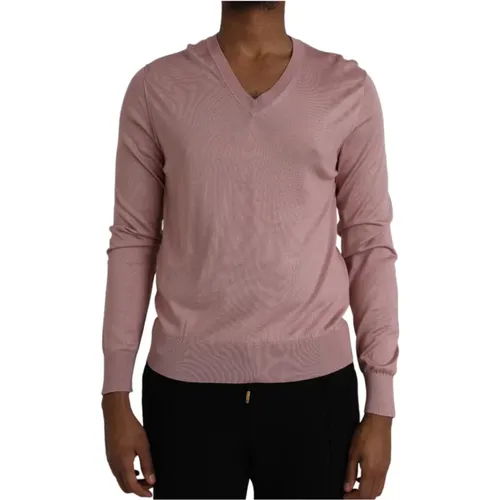 Silk V-Neck Sweater Logo , male, Sizes: S - Dolce & Gabbana - Modalova