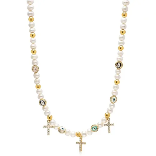 Women's Cross Pearl Choker with Evil Eyes , female, Sizes: S - Nialaya - Modalova