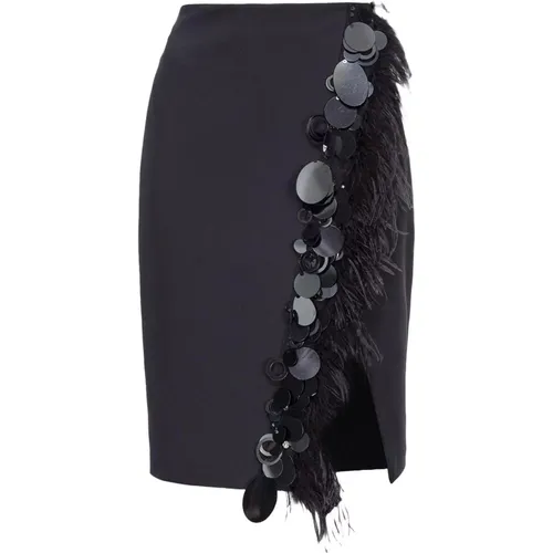 Straight Line Crêpe Skirt with Feather Detail , female, Sizes: L, XS - pinko - Modalova