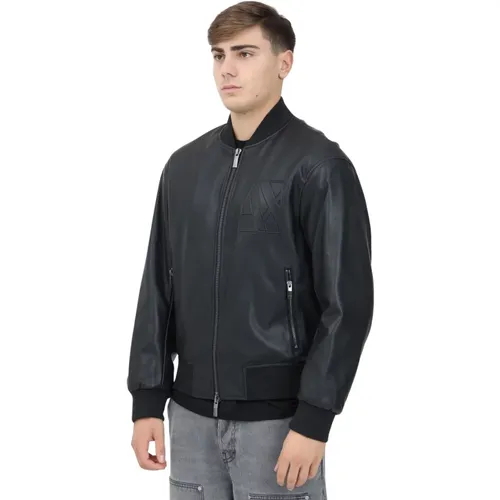 Moderne Schwarze Lederjacke , Herren, Größe: M - Armani Exchange - Modalova