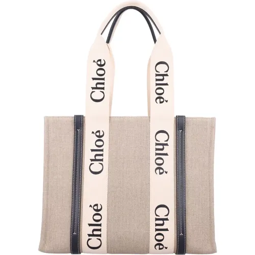 Linen Woody Tote Bag White Blue , female, Sizes: ONE SIZE - Chloé - Modalova