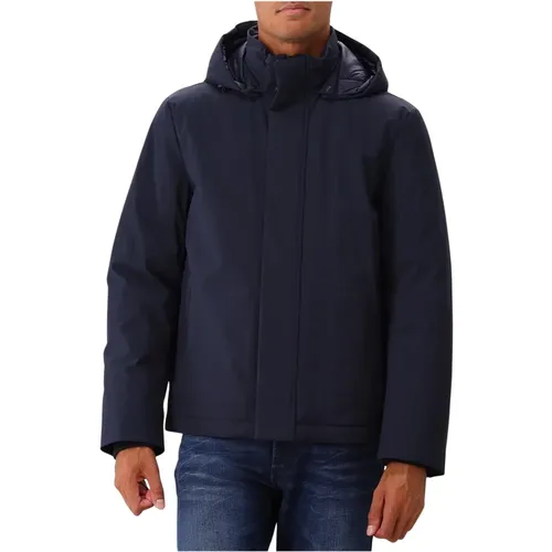 Blaue Melton Stretchjacke mit Kapuze , Herren, Größe: M - Woolrich - Modalova