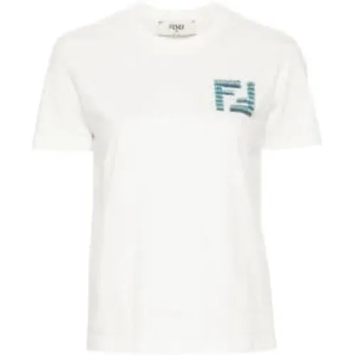 Weißes Strass T-Shirt , Damen, Größe: M - Fendi - Modalova