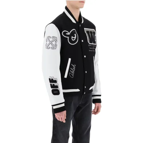 Varsity Bomber Jacket with Leather Sleeves , male, Sizes: M - Off White - Modalova