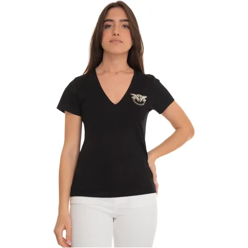 Rhinestone V-Ausschnitt Baumwoll T-shirt , Damen, Größe: XS - pinko - Modalova