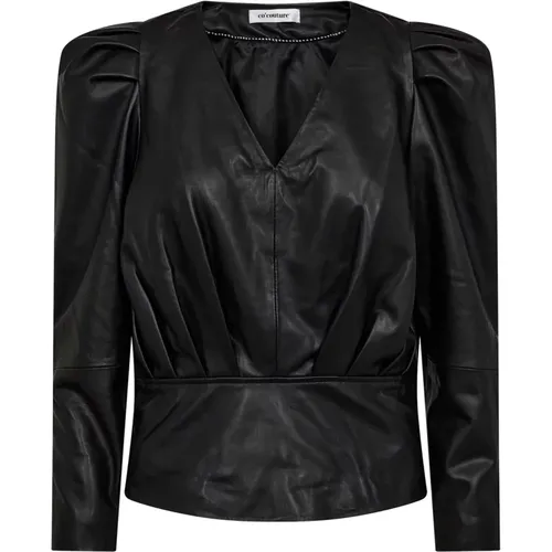 Schwarze Lederbluse mit Puffärmeln und stilvollen Details , Damen, Größe: XS - Co'Couture - Modalova