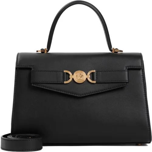Schwarze Lederhandtasche mit Top-Griff - Versace - Modalova