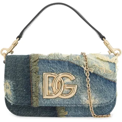 Patchwork denim shoulder bag with gold logo , female, Sizes: ONE SIZE - Dolce & Gabbana - Modalova