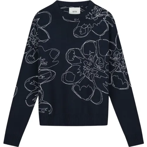 Bestickter Blumen Navy Baumwollpullover - Arte Antwerp - Modalova