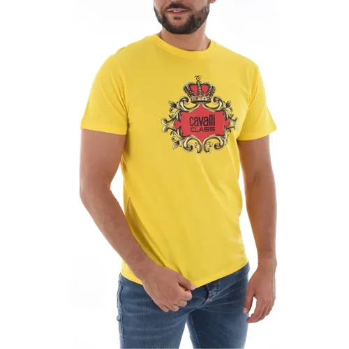 Gelbes Logo T-Shirt 100% Baumwolle , Herren, Größe: L - Cavalli Class - Modalova