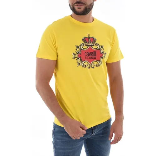 Gelbes Logo T-Shirt 100% Baumwolle , Herren, Größe: S - Cavalli Class - Modalova