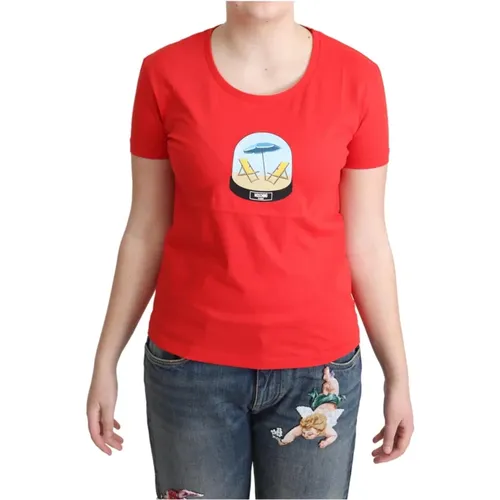 Rotes Logo Print T-Shirt - Kurzarm , Damen, Größe: M - Moschino - Modalova