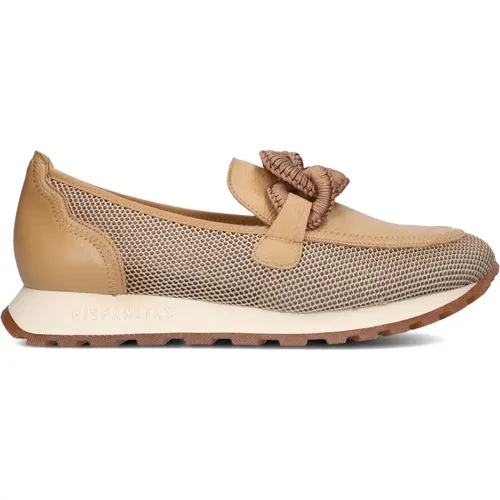 Mesh Slip-Ons mit Camel Leder, Mesh Slip-Ons mit Beigen Details,Damen Slip-Ons Rot Fuchsia Mesh,Damen Slip-Ons mit goldenen Details,sport Loira Loafer - Hispanitas - Modalova