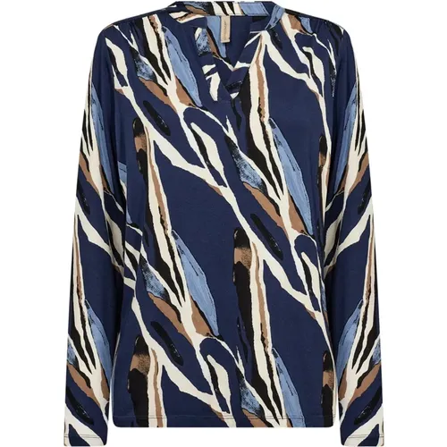 Blauer Print-Top mit Schlitzhals , Damen, Größe: M - Soyaconcept - Modalova