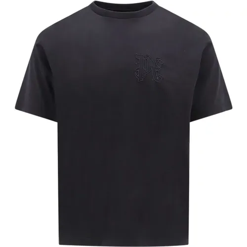 Besticktes Logo Baumwoll-T-Shirt,Stylische T-Shirts und Polos,Schwarzes Baumwoll-T-Shirt Rundhals Kurzarm - Palm Angels - Modalova