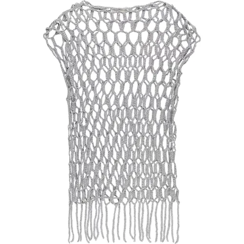 Grey Openwork Sweater with Fringes , female, Sizes: S, M - Antonelli Firenze - Modalova