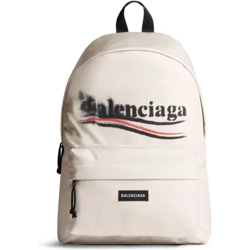 Backpacks,Beiger Nylon Rucksack mit Politischem Logo-Druck,Beiger Nylon Politik Stencil Rucksack - Balenciaga - Modalova