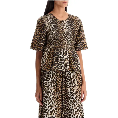 Leopard Print Smocked Cotton Top , Damen, Größe: S - Ganni - Modalova