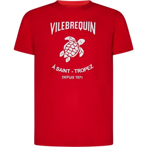 Rotes geripptes T-Shirt mit Schildkrötenlogo , Herren, Größe: S - Vilebrequin - Modalova