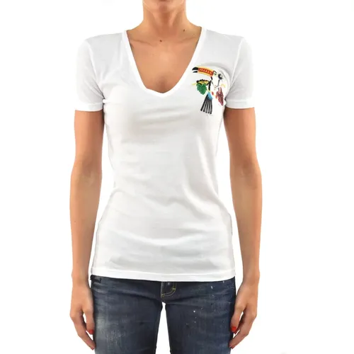 Weißes Baumwoll-Logo-T-Shirt mit mehrfarbigem Papagei - Dsquared2 - Modalova