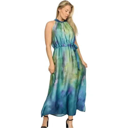 Halterneck Kleid Blau Volant Muster , Damen, Größe: XL - 2-Biz - Modalova