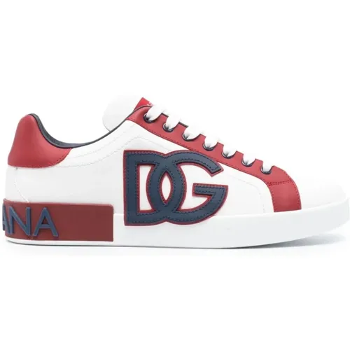 White Leather Low-Top Sneakers with Red Heel , male, Sizes: 7 1/2 UK - Dolce & Gabbana - Modalova