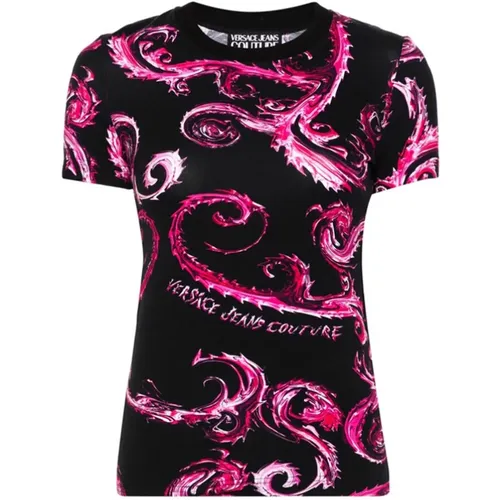 Chromo Couture T-shirt Schwarz Fuchsia Print , Damen, Größe: XS - Versace Jeans Couture - Modalova