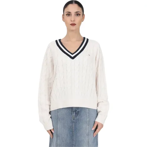Weiße Baumwoll-V-Ausschnitt-Pullover mit Zopfmuster für Damen , Damen, Größe: L - Tommy Jeans - Modalova