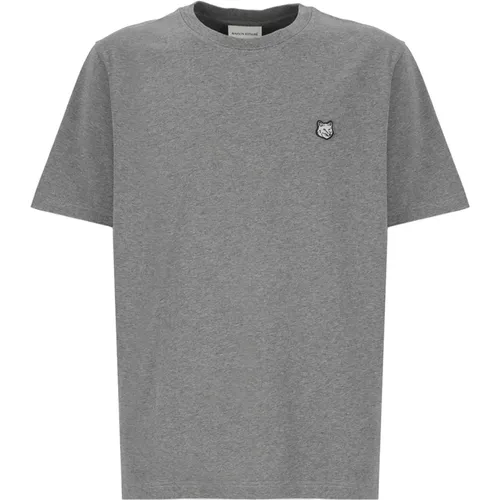 Graues T-Shirt mit Fox Head Patch für Männer , Herren, Größe: S - Maison Kitsuné - Modalova