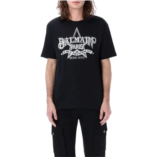 Herren T-Shirt mit Sternenprint,Schwarzes T-Shirt mit Western-Print - Balmain - Modalova