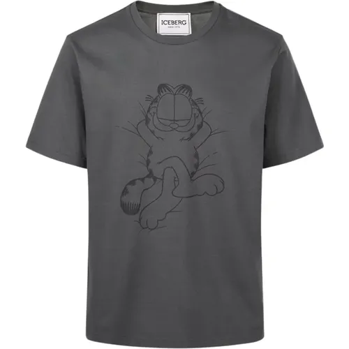 Graues Baumwoll-Jersey-T-Shirt mit Lazy Garfield-Druck , Herren, Größe: S - Iceberg - Modalova