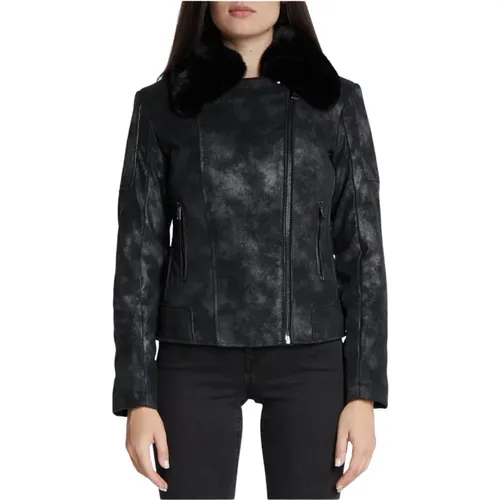 Schwarze taillierte Bikerjacke mit abnehmbarem Pelz - Guess - Modalova