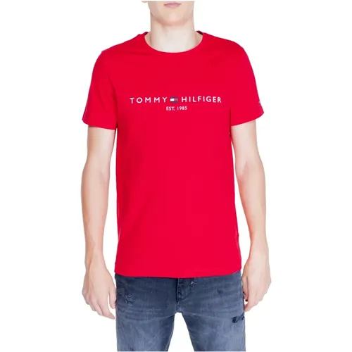 Rotes Bedrucktes Rundhals-T-Shirt für Männer , Herren, Größe: S - Tommy Hilfiger - Modalova