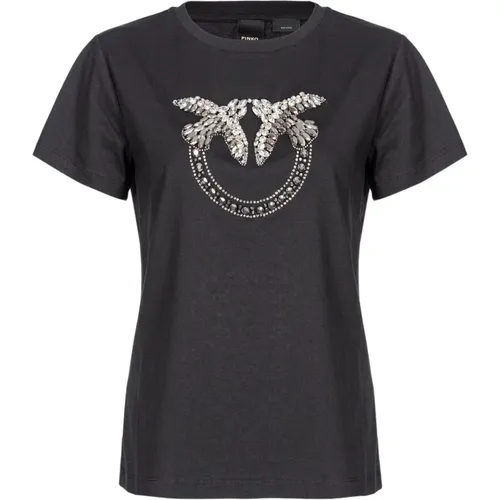 T-shirt with Love Birds embroidery , female, Sizes: XS - pinko - Modalova