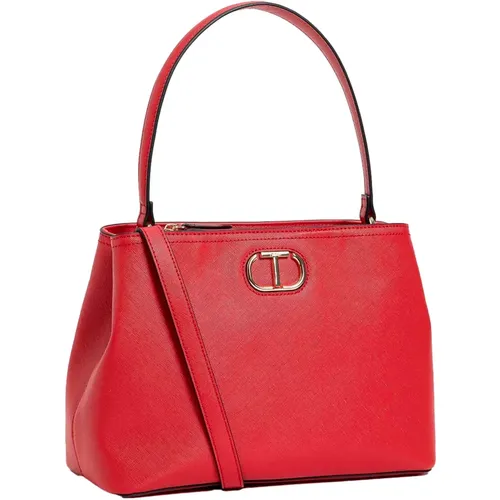 Rote Saffiano Tote Tasche mit Metall-Logo - Twinset - Modalova