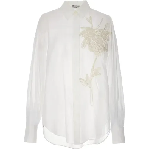 Weiße Blumen Bestickte Baumwollhemd - BRUNELLO CUCINELLI - Modalova