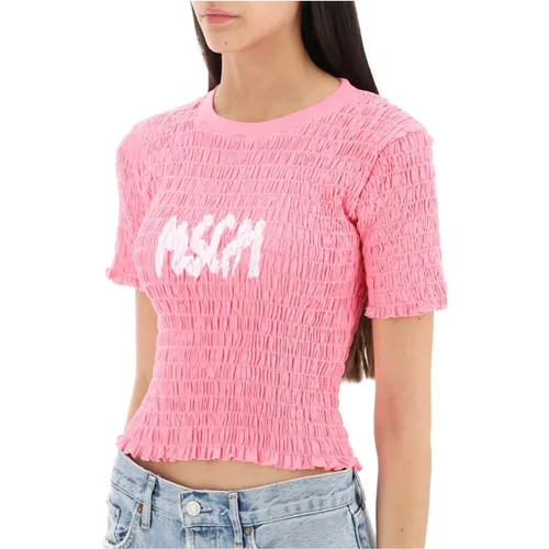 Smocked T-Shirt mit Logo-Print , Damen, Größe: S - MSGM - Modalova