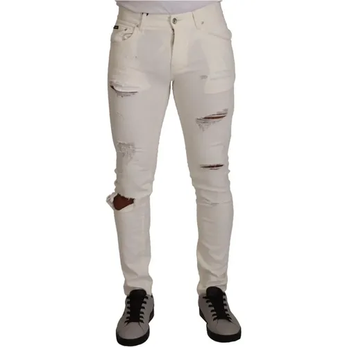 Weiße Zerrissene Skinny Baumwoll Herren Denim Jeans , Herren, Größe: S - Dolce & Gabbana - Modalova
