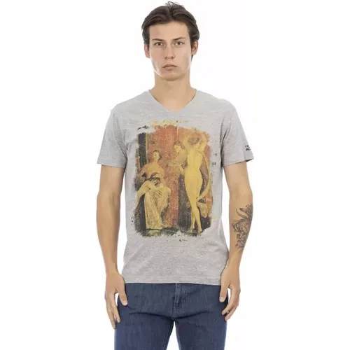 Elegantes graues V-Ausschnitt T-Shirt mit Frontprint , Herren, Größe: 2XL - Trussardi - Modalova