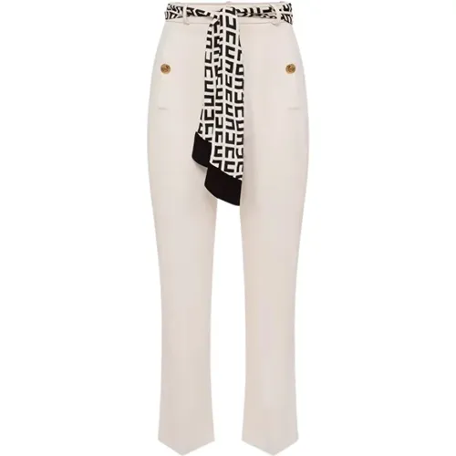 Stretch Crepe Trousers with Logo Print Scarf , female, Sizes: W27 - Elisabetta Franchi - Modalova