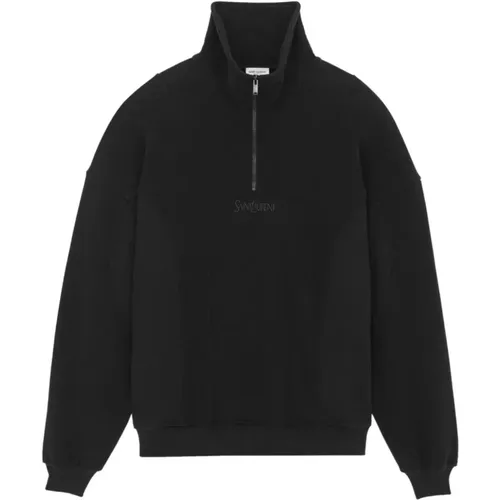Schwarzer Sweatshirt aus Gebürsteter Baumwolle mit Halbem Reißverschluss - Saint Laurent - Modalova
