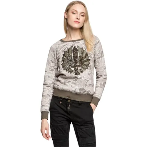 Camouflage Print Sweatshirt mit besticktem Pailletten-Panel , Damen, Größe: XL - aeronautica militare - Modalova