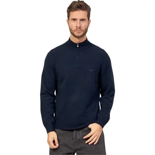 Blauer Pullover mit Reißverschlusskragen und Besticktem Logo , Herren, Größe: S - Hugo Boss - Modalova