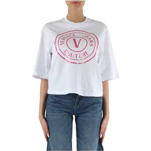 Glitzer Logo Baumwoll T-shirt , Damen, Größe: XS - Versace Jeans Couture - Modalova