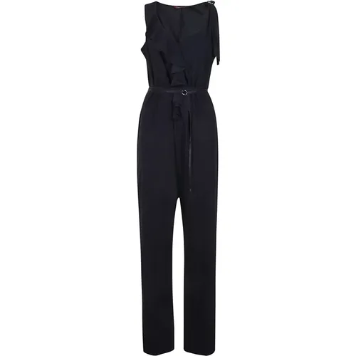 Blauer Ärmelloser Jumpsuit mit V-Ausschnitt und Rüschen , Damen, Größe: M - High - Modalova