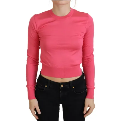 Rosa Seiden Cropped Crewneck Pullover , Damen, Größe: 3XS - Dolce & Gabbana - Modalova