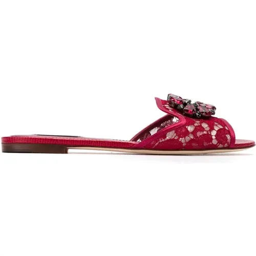 Rote Sandalen mit Kristallen und Spitze , Damen, Größe: 35 EU - Dolce & Gabbana - Modalova