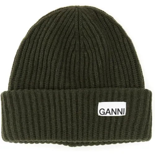 Logo Patch Beanie Hat , Damen, Größe: ONE Size - Ganni - Modalova